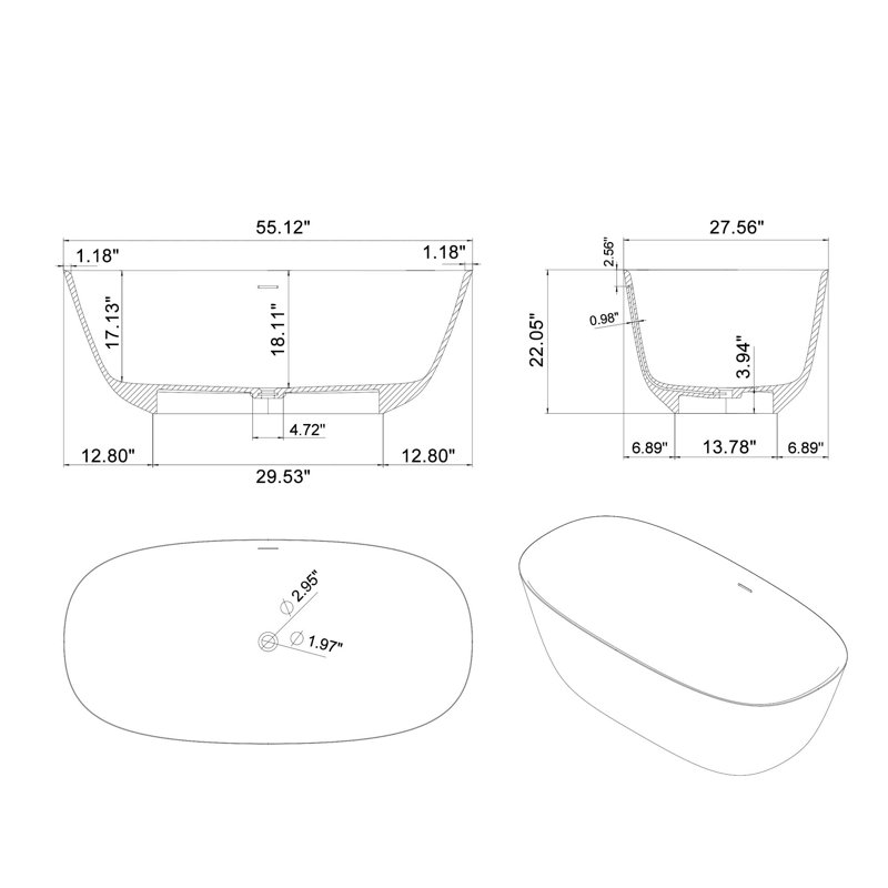 Freestanding Solid Surface Soaking Bathtub Matte White