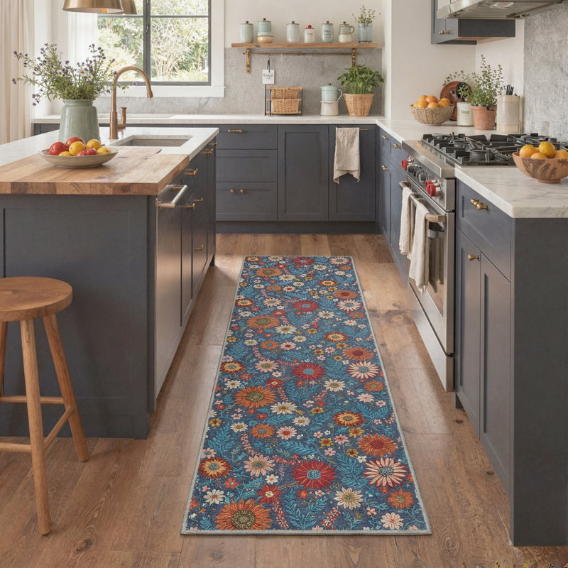 Ammons Aura Floral Machine Washable Blue / Red / Orange Indoor Area Rug with Non-Slip Backing, Runner 2'6" x 8'