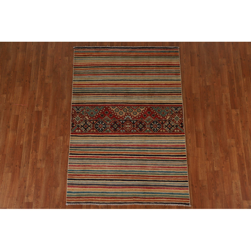 Tapis beige / rouge en laine noué à la main de conception unique 4 pi 2 po x 6 pi 0 po New Age