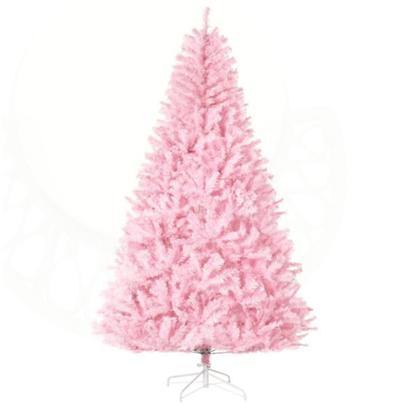 Arbre de Noël artificiel rose 7 pi avec charnières à ouverture automatique, base en acier et forme large pour un décor intérieur des Fêtes.