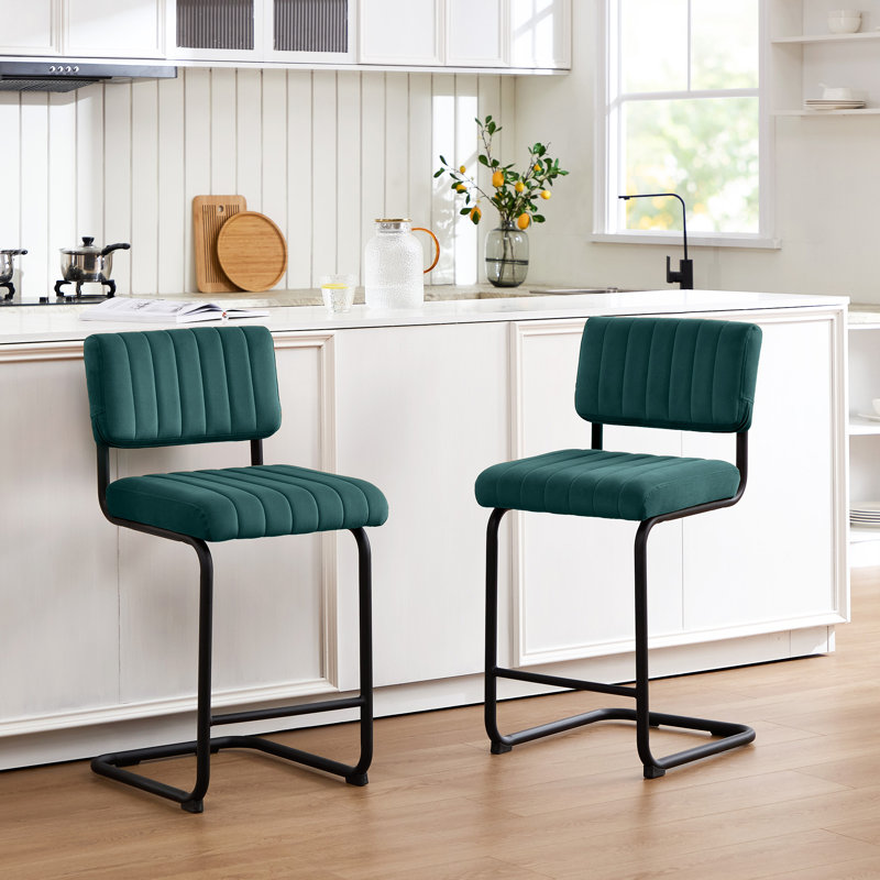 Ambrine Low Back Tufted Velvet Upholstered Counter/Bar Stool with Steel Sled Frame, Counter Stool (Seat Height: 24"), Teal
