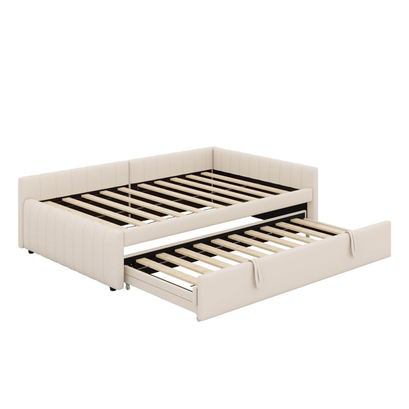 Lit de jour double avec lit gigogne escamotable en velours et dossier capitonné en L, Beige
