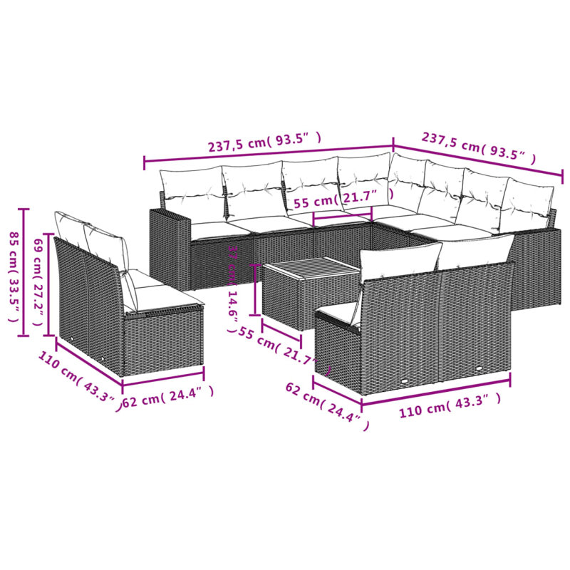 Vidaxl Garden Sofa Set Grey PE Rattan Large Modular Rectangular