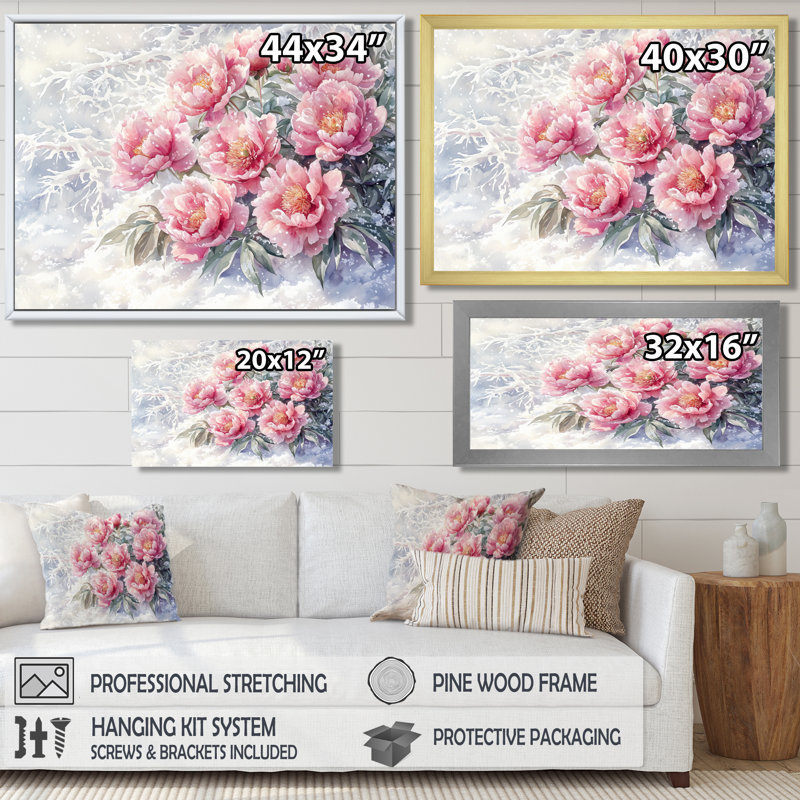 Jacarria pivoines dans la neige II - pivoines, art mural, Reproduction encadrée d'une seule photo, H 30 po x l 40 po