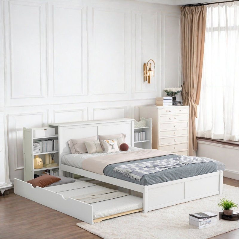 Lit plateforme avec 2 tablettes de rangement à 4 niveaux intégrées et lit gigogne, Grand