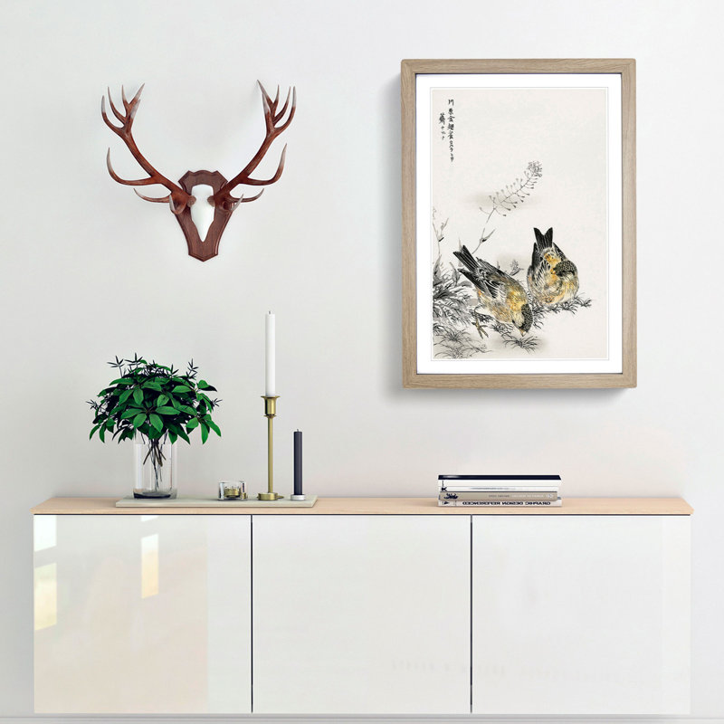 Two Japanese Greenfinch Birds by Numata Kashu - Picture Frame Painting Print, Oak Framed, 36cm H x 27cm W x 2cm D
