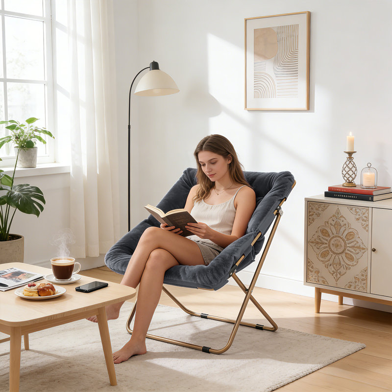  Square Faux Fur Saucer Chair With Metal Frame Foldable Comfy Accent Chair For Bedroom, Living Room & Reading Nook, Gray