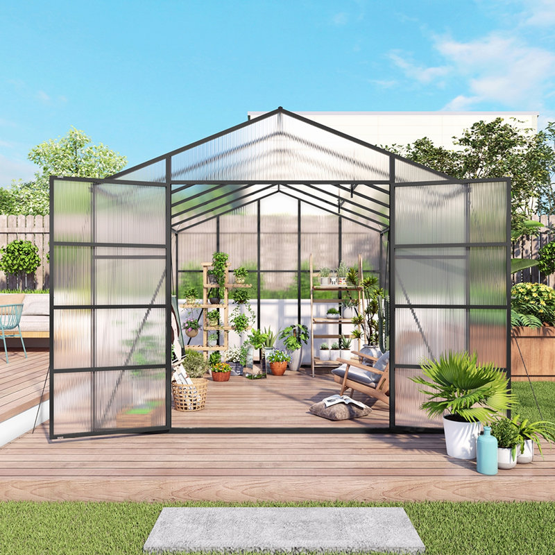 10x12 FT Gain Height Windproof Aluminum Greenhouse 10x12 FT, Polycarbonate Panels, Raised Base, All-Season Durability