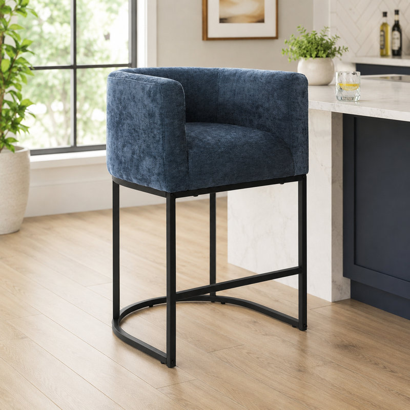 26" Upholstered Counter Height Bar Stool, Blue/Black Frame, Black