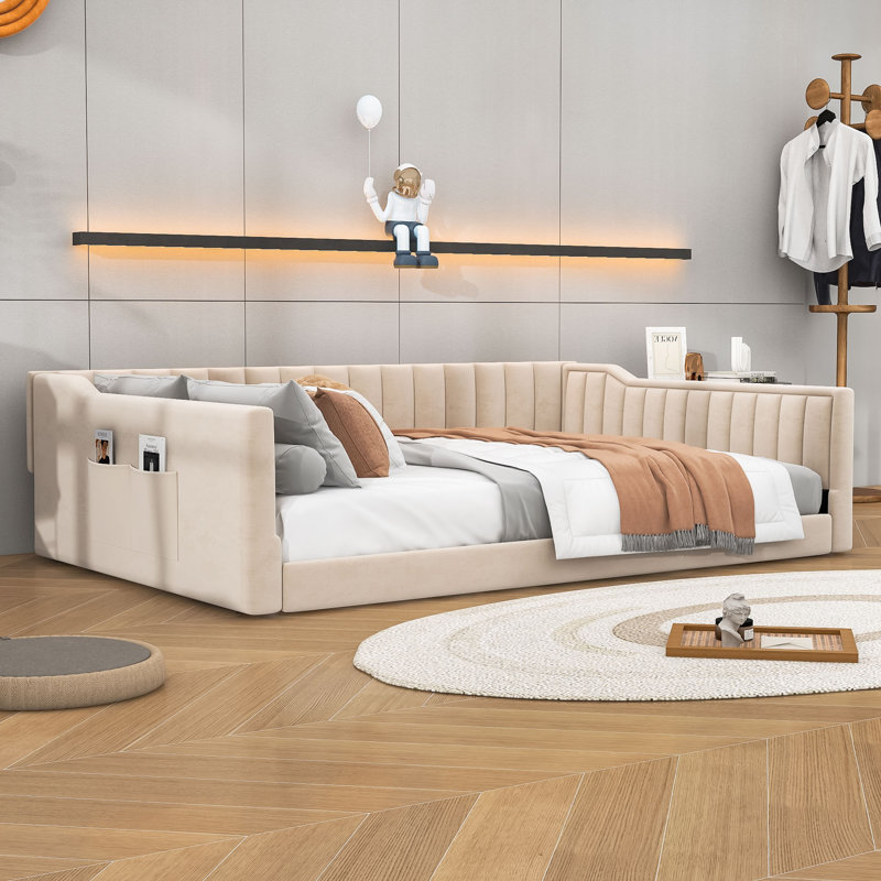 Upholstery Daybed with Storage pocket, Beige, Full Extra-Long