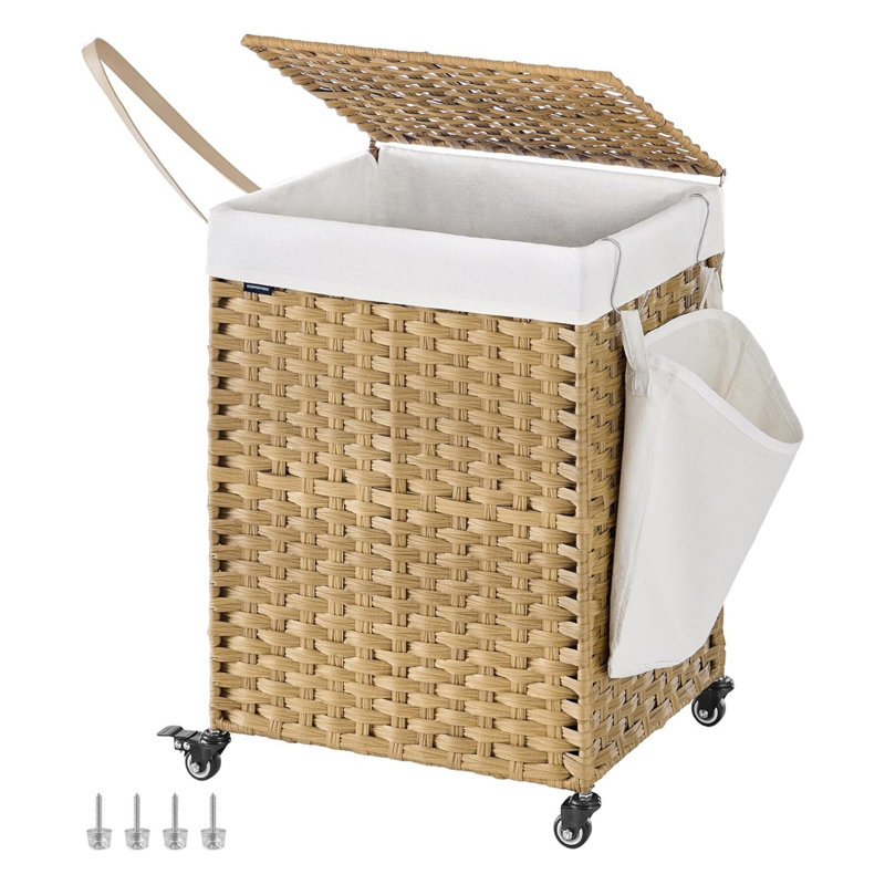 Panier à linge roulant 120 L avec couvercle et roulettes, rotin synthétique, doublure amovible