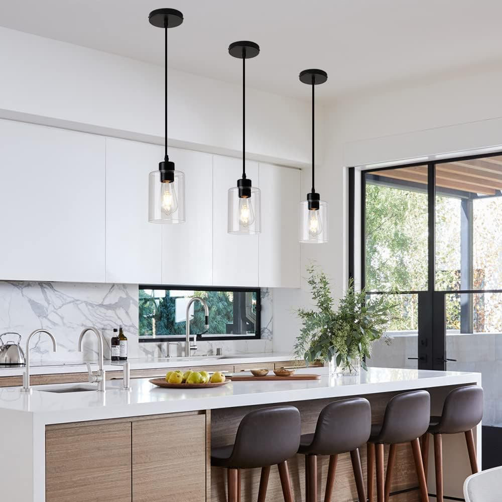 Modern Black Farmhouse Clear Glass Cylinder Pendant Lights - 3 Pack, 4.75" Shade, 2Ã58" Cord for Kitchen Island Decor