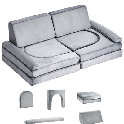 Canapé de jeu modulaire 10 pièces pour coussins rectangulaires gris, blocs concaves, pièces en forme de U, tissu doux, mousse 28d haute densité, diverses structures, fermeture à glissière cachée
