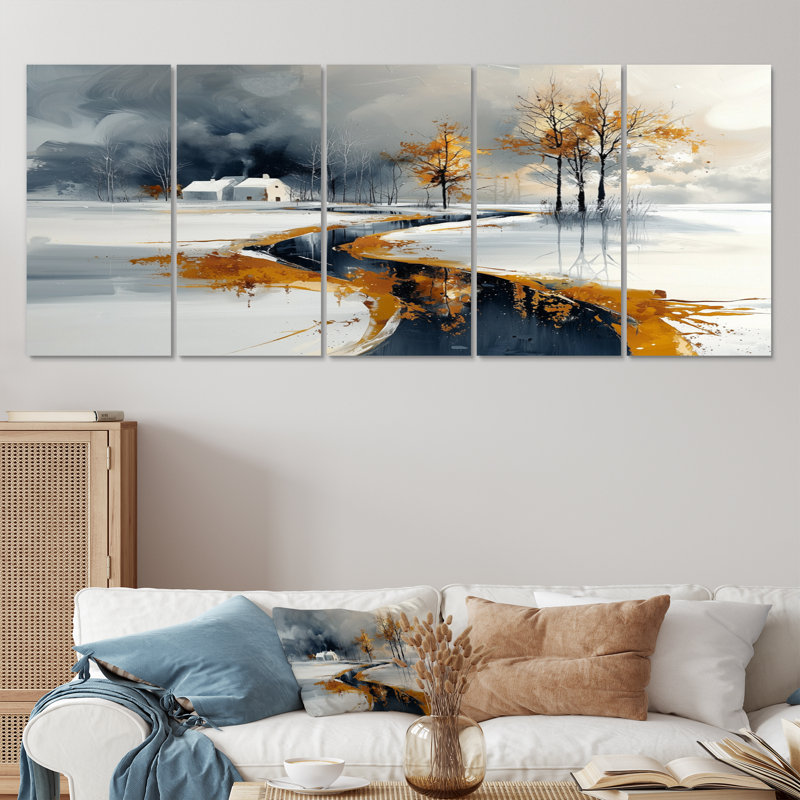 Ensemble de salon art mural doré et blanc givré en hiver II, H 32 po x l 80 po