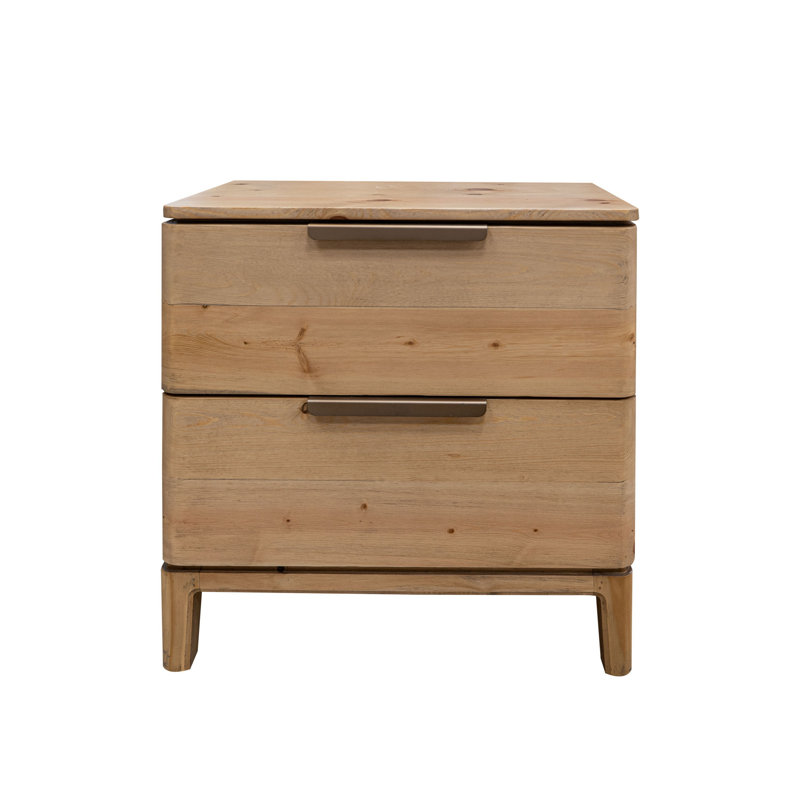 Table de chevet Rosy, 2 tiroirs, poignées en métal bronze, bois de pin massif brun