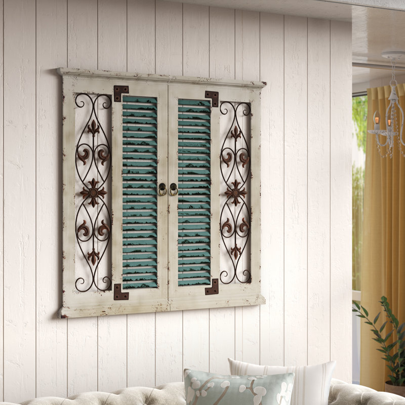 Alvardo Beige Wooden Scroll Window Shutter Home Wall Decor with Metal Scrollwork Relief, 40" x 2" x 40"
