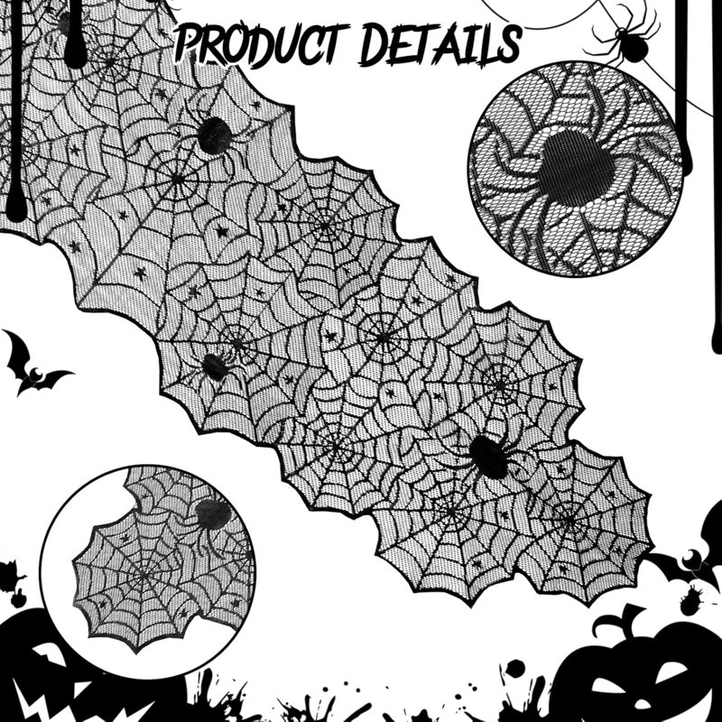 Halloween Table Runner with 16 Pack 3D Bats,Black Lace Spider Web Table Runner Creepy Scary Runner for Halloween Party Holiday Kitchen Dining Dinner Table Party Decoration Indoor Outdoor 18x72In