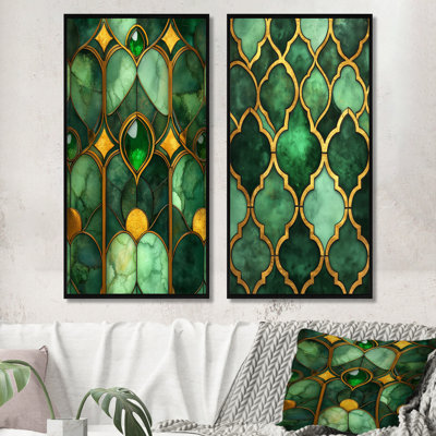 Emerald Art Deco 2 Piece Wall Art, Green Gold Canvas, Emerald Tiled Opulence
