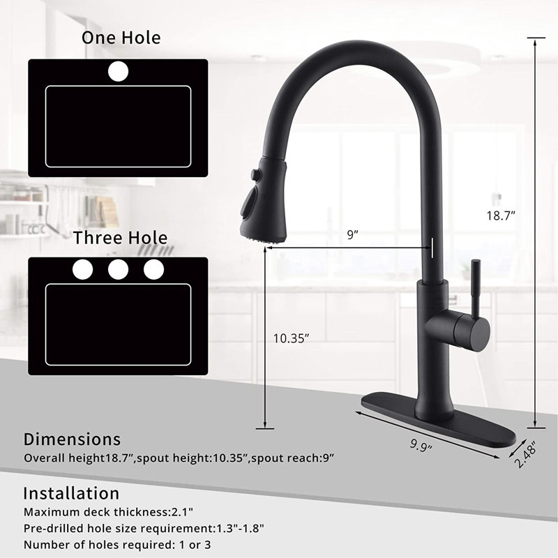 Robinet de cuisine à douchette extractible noir mat, commande tactile, poignée unique en laiton, économie d'eau, différents modes de jet