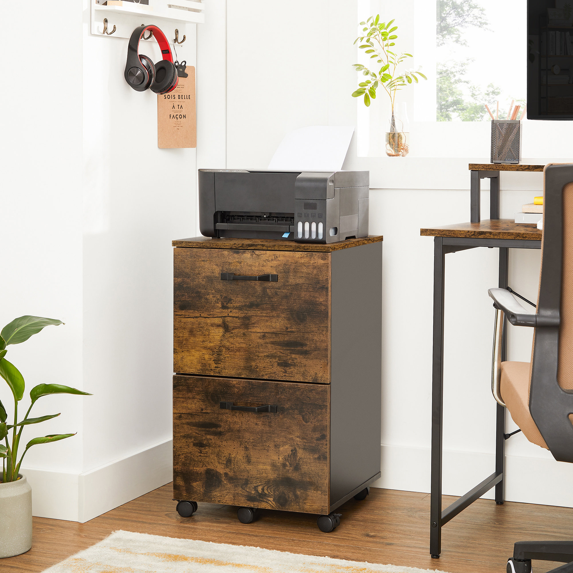 VINGLI Dark Brown Wood Lateral File Cabinet With Lock, 4 Drawer & 4 Open Shelves, Rolling File Cabinet For Home Office, Letter Sized - View #6