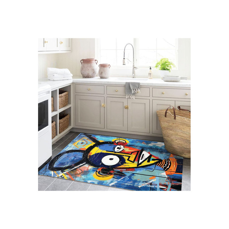 Machine Washable Sun Collection Dark Tone Multicolor Abstract Face Detail Woven Base Decorative Area Rug
