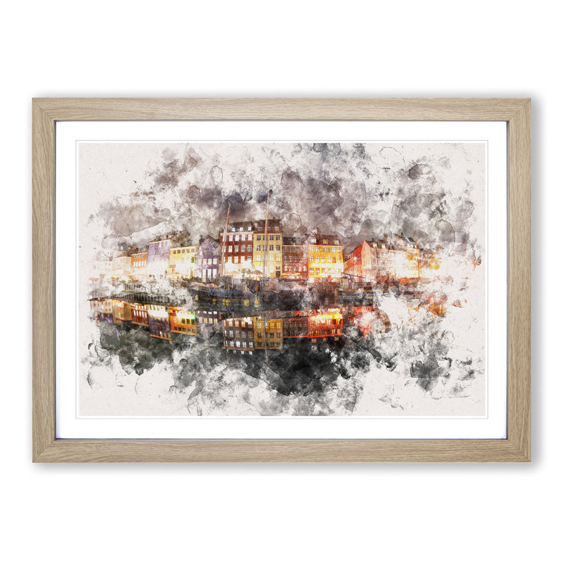 Nyhavn Canal in Denmark - Picture Frame Graphic Art Print, 45cm H x 63cm W x 2cm D, Oak Framed