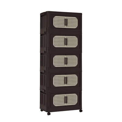 5 - Tier Brown Plastic Storage Cabinet Large Capacity, Ventilated Drawers, Wheel - Mounted, Modular Design, Ideal For Home & Office Organization