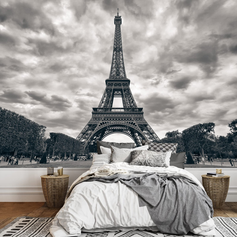 Eiffel Tower with Dramatic Sky Monochrome Black and White Removable Self Adhesive Large Wallpaper, 100" L x 144" W