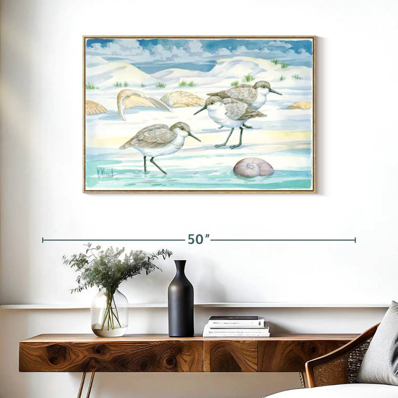 Shell Island Sandpipers, Floating Frame Natural Wood, 37" X 25"