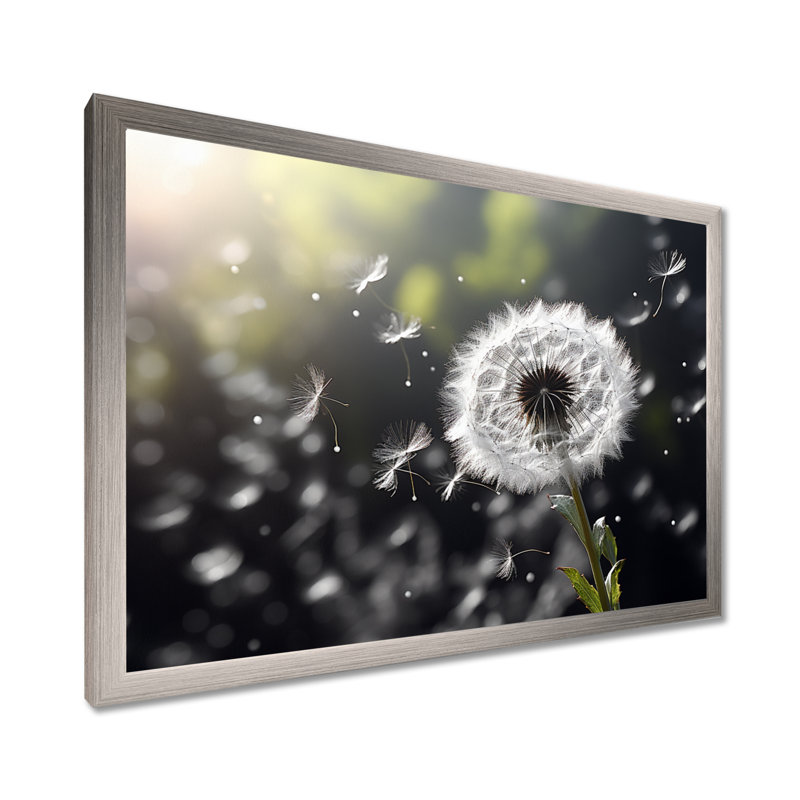 White Black Dandelion Whispers III - Floral Wall Art Living Room, H 30 po x l 40 po x P 1,5 po, Cadre photo argenté