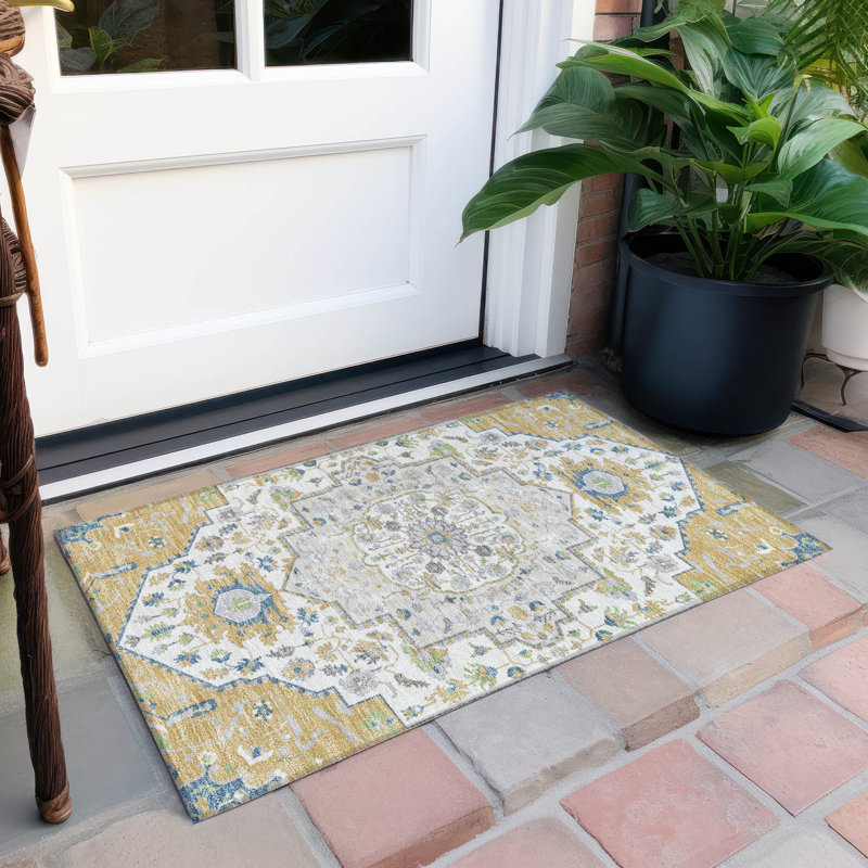 Machine Washable Indoor/Outdoor Chayden ACN985 Gold Rug, Rectangle 1'8" x 2'6"