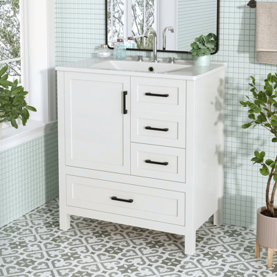 Élégant meuble-lavabo noir de 30 po avec lavabo, tiroirs à fermeture en douceur et plateau amovible pour plus de rangement et d'élégance
