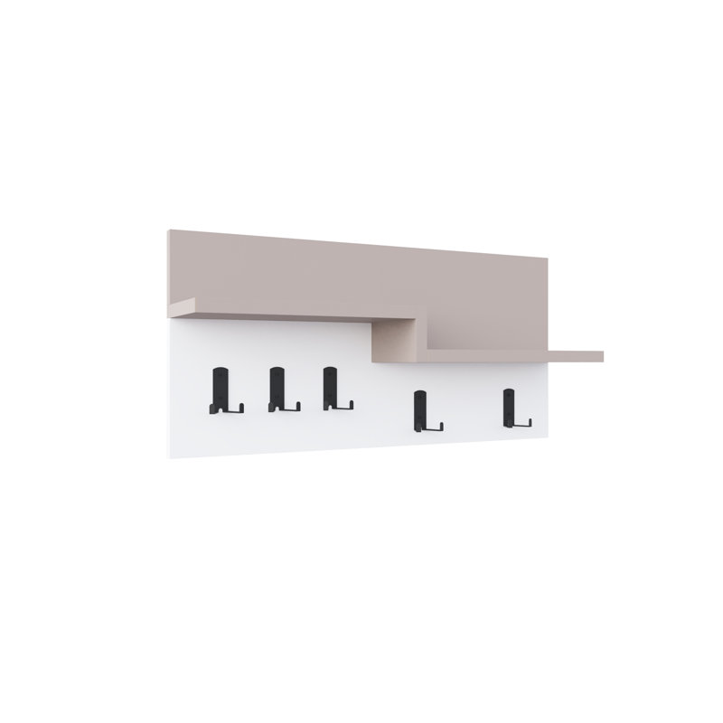 Paten Wall Mounted Coat Rack with Shelf and 5 Hooks, Light Mocha/White