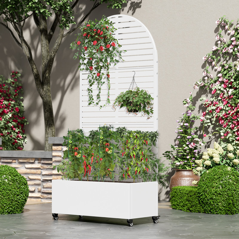 Lit de jardin en métal avec treillis et roues, H 72 po x l 35 po x P 16 po, Blanc