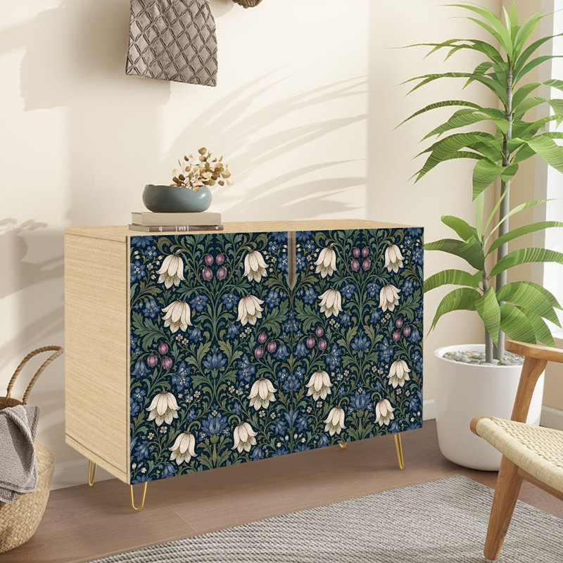 Buffet Buffet avec rangement Elegant Vintage Floral Blanc Mauve Fleurs foncé avec 2 portes pour le salon et la cuisine