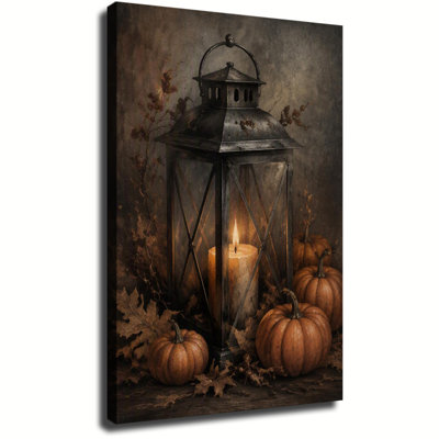 Lanterne rustique en métal noir avec chandelle allumée et citrouilles assorties - Nature morte d'automne sur toile