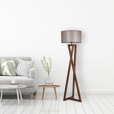 Scandinavian Floor Lamp, Walnut Color, 58.7 in Tall | Wooden Body with Fabric Cap (17.7 in D x 9.8 in H) | On/Off Switch on Cable, E27 Socket Max 40W | Elegant Design for Modern Living Rooms & Bedrooms