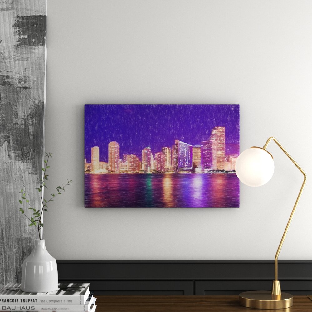 Leinwandbild „Schöne Nachtszene: Skyline von Miami Florida“, Grafikdruck