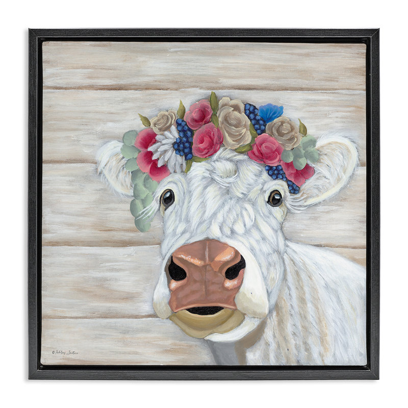 «Rustic Cow Flower Crown», art mural sur toile par Ashley Justice, H 18 po x l 18 po x P 1,7 po, Cadre flottant noir de jais