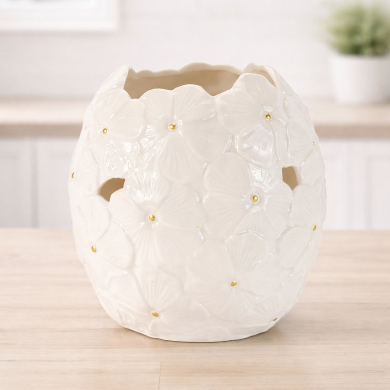 White Floral Embossed Ceramic Vase (Set of 2), 5.85"