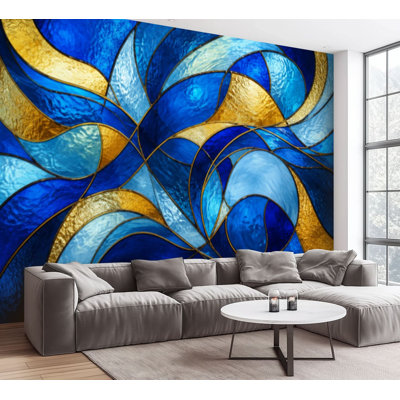 Wall Mural Peel and Stick Wallpaper Stained Glass Cobalt Blue Abstract Patterns Interlocking Shapes Glassy Self-Adhesive Removable Contact Paper Wall Decor for Living Room Bedroom 100"H x 144"W
