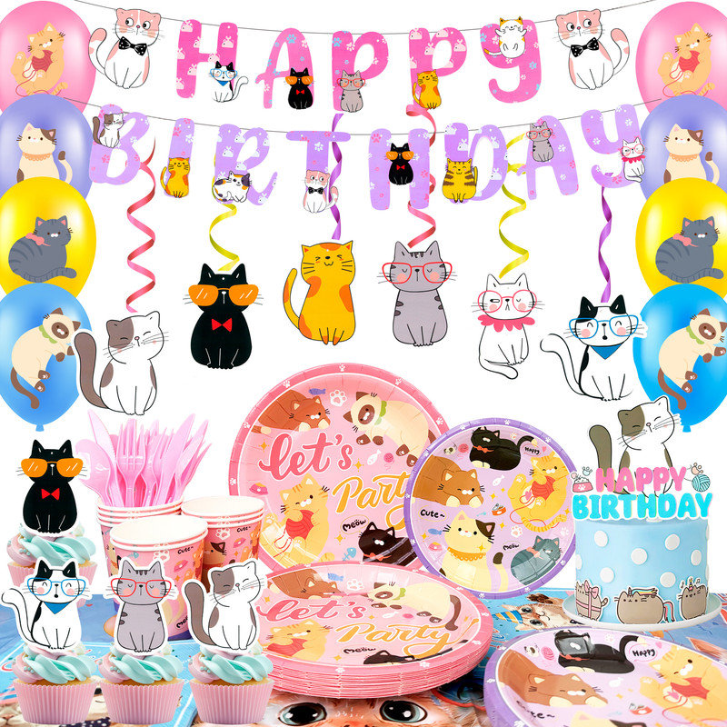 Ensemble de décorations de fête d'anniversaire pour chat, ensemble de vaisselle de table pour chat 159 pièces