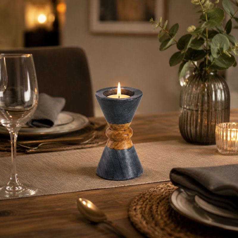 Monarch Marble & Acacia Wood Black Candleholder
