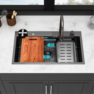 Gunmetal Black 33 Inch Kitchen Sink - 16 Gauge Stainless Steel Waterfall Workstation With Innovative Flow, Multi-functional Faucet, X-shaped Water Guide, Nano Coating And Pad, Accessories Included