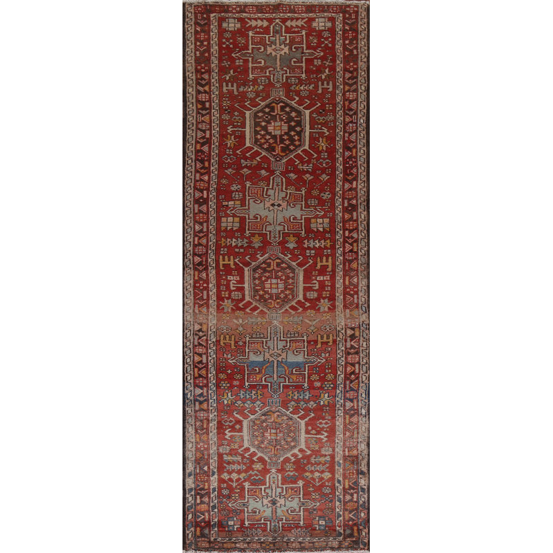 Tapis de couloir unique en laine noué à la main de style années 1970 de 3 pi 1 po x 9 pi 11 po Saroja