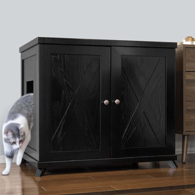 The Refined Litter Box - Wood Cat Litter Box Enclosure Cabinet with Drawer, Farmhouse Style, Mid-Century Feet, Ebony, X-Large