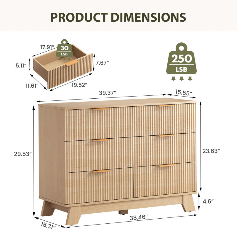 Ensemble de mobilier de chambre à coucher: lit plateforme tapissier en molleton avec commode cannelée Teddy, Full, 6