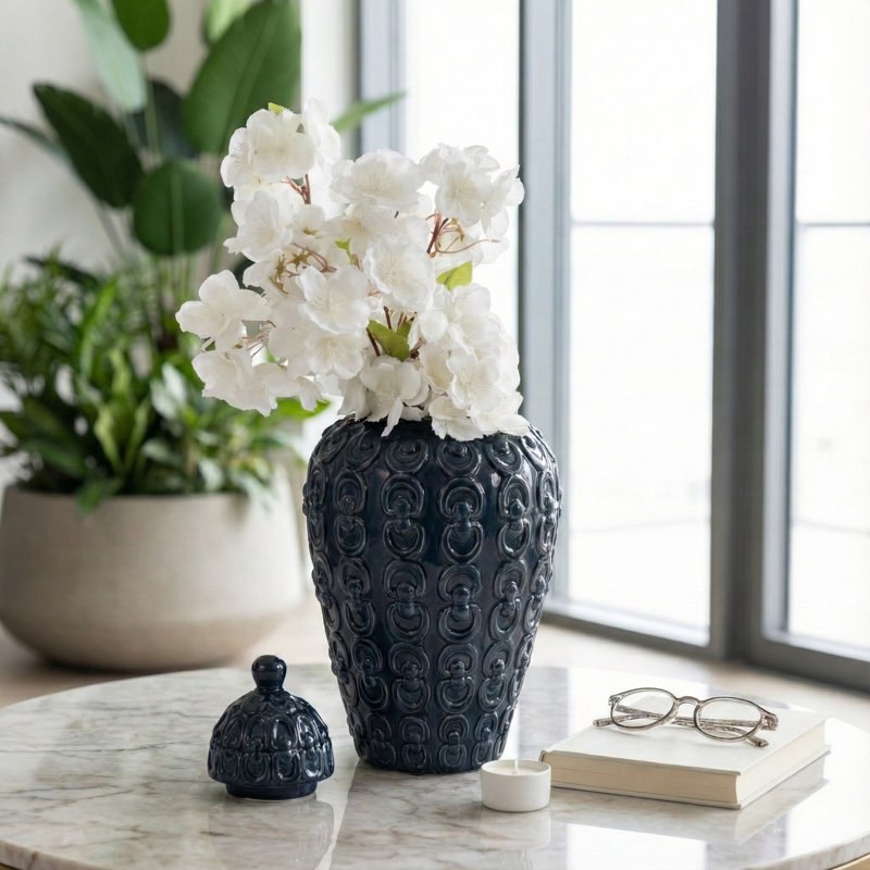 Embossed Round Ceramic Tall Jar with Lid for Home Decor Display - Modern Textured Table Jar Accent for Living Room or Entryway Styling - 12", Navy