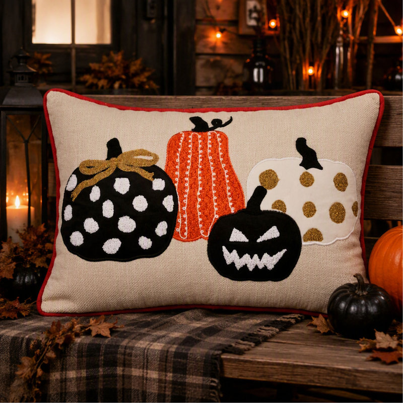 Coussin décoratif brodé d'Halloween avec motif citrouille et pois effrayants, housse de coussin en lin mélangé avec garniture pour la décoration d'automne