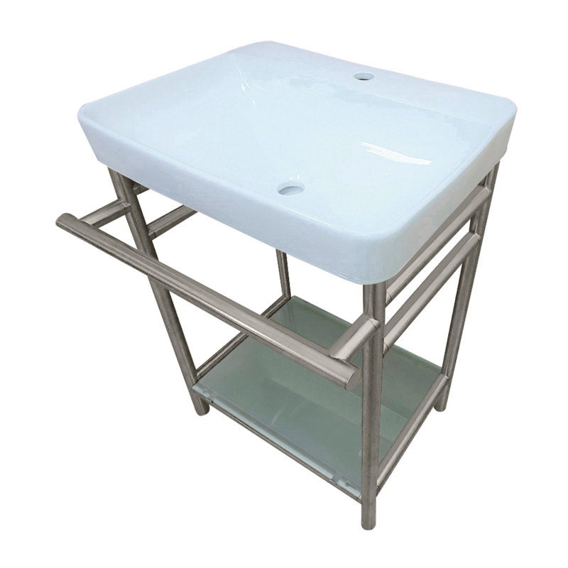 Kingston Brass Sheridan 23-Inch Ceramic Console Sink with Stainless Steel Legs and Glass Shelf (1-Hole), White/Brushed Nickel